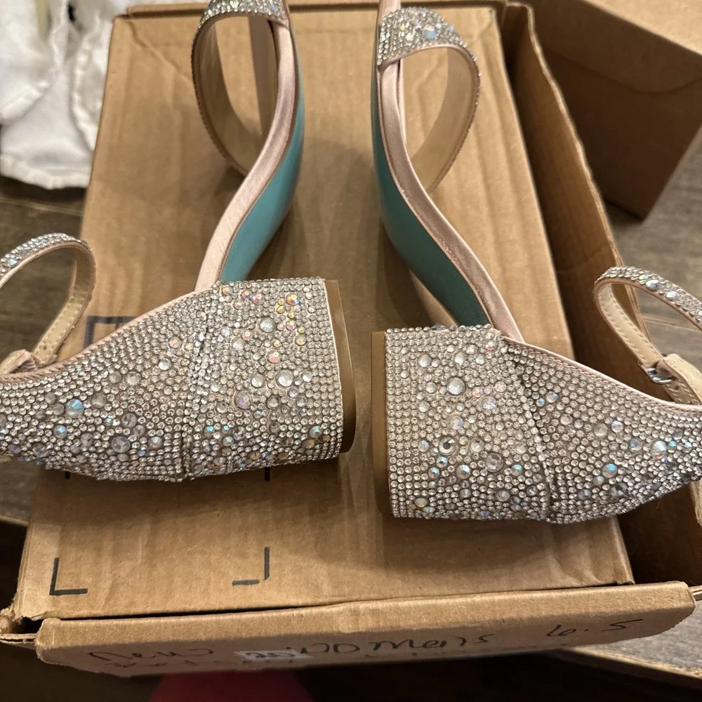 Embellished Block Heel Sandal in Blush with Silver Crystals